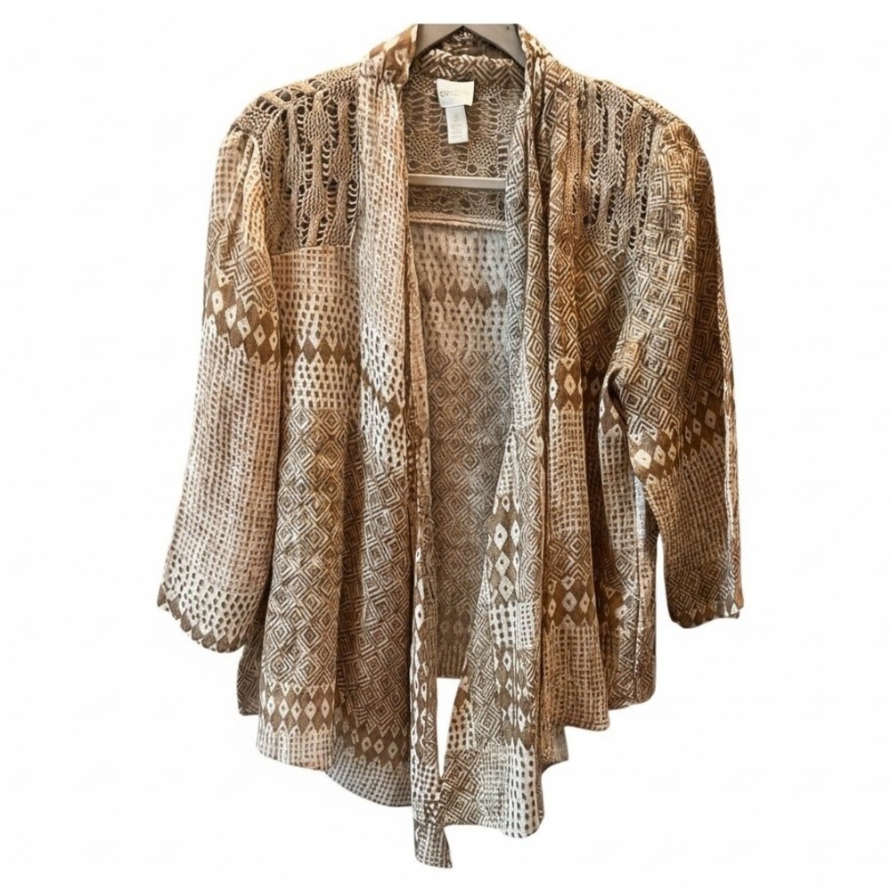 Chicos Linen Open Front Cardigan Tan Size 2 (L/XL) Kimono Boho Lagenlook Relaxed